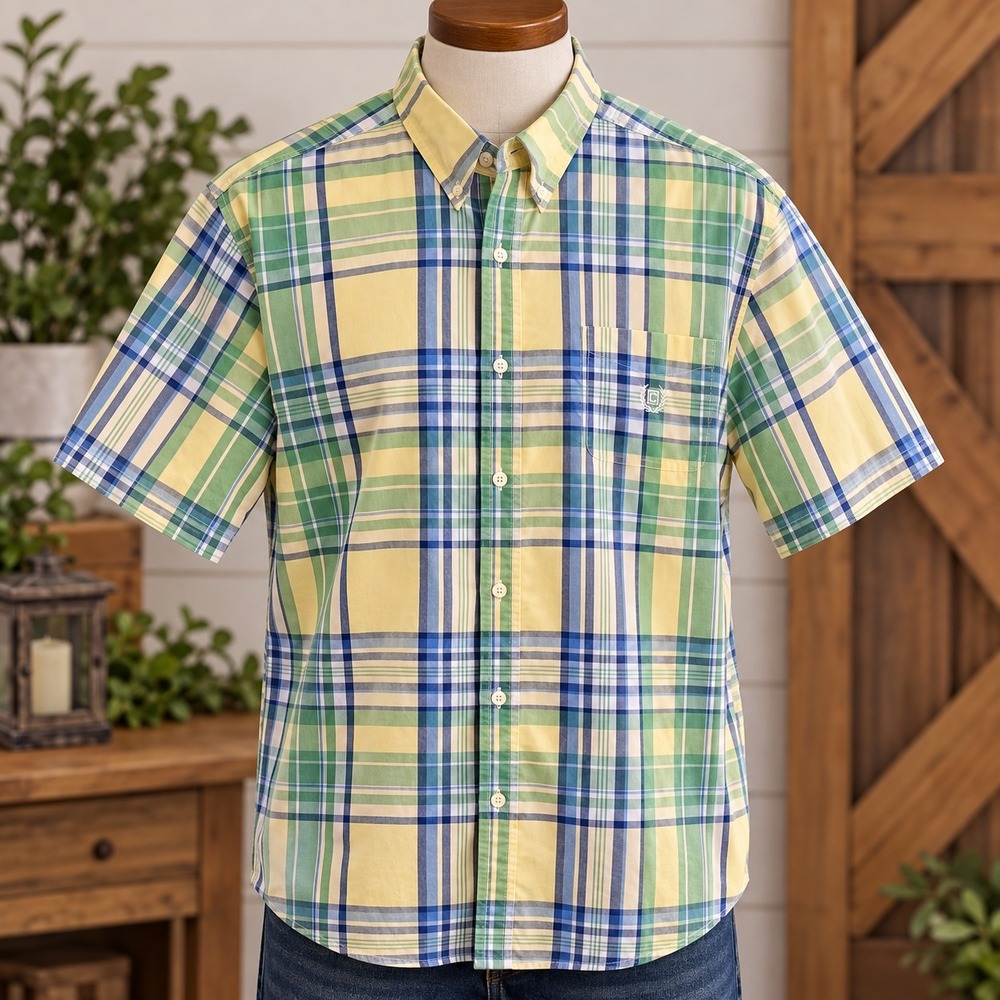 Chaps Mens XXL Easy Care Short Sleeve Plaid Button Down Shirt Yellow Green Blue